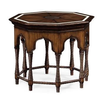 Octagon rustic walnut center table with bones inlay