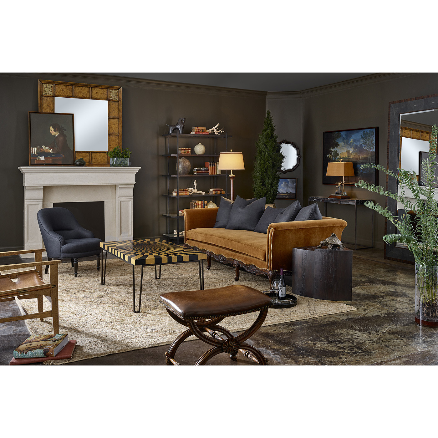 Rustic walnut round antique mirror