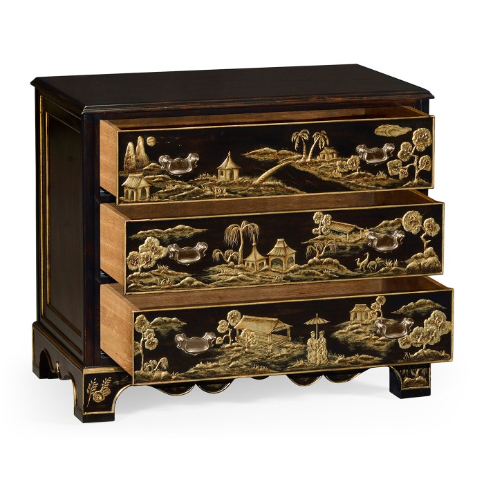 Chinoiserie Style Ebonised Bedside Chest of Drawers