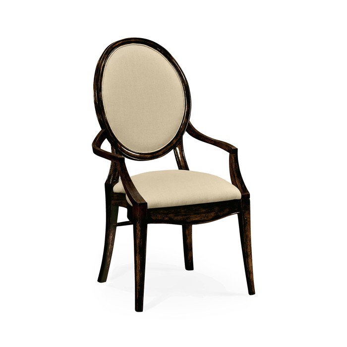 Stacking Spoon Back Honey Black Dining Arm Chair, Upholstered in MAZO