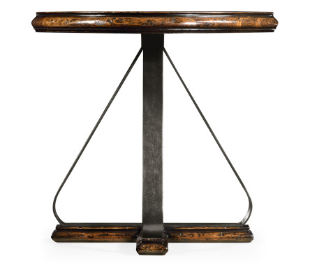 Round Side Table with Iron Base in Rustic Walnut