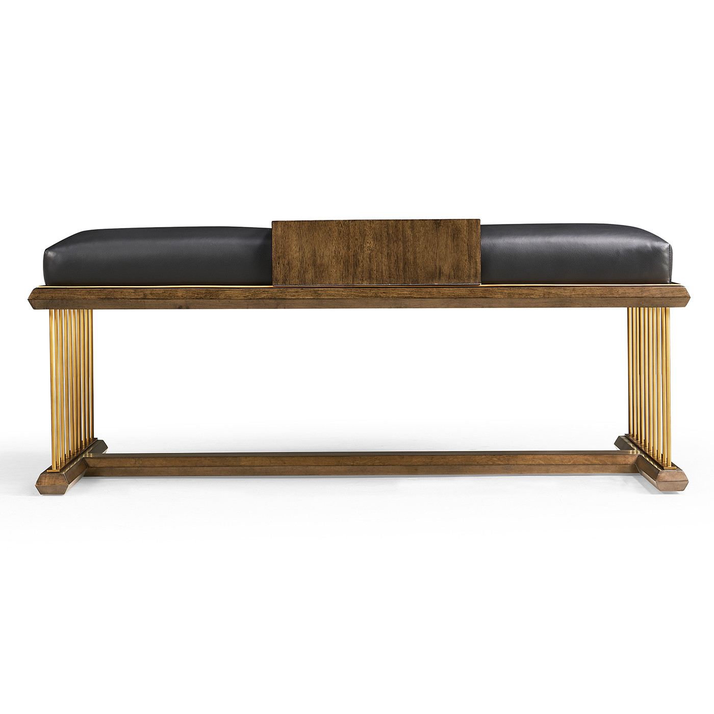 Camden Walnut Cocktail Ottoman with Tray, Upholstered in Black Leather