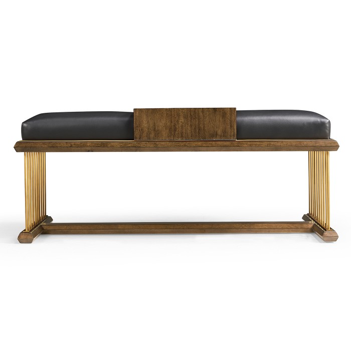 Camden Walnut Cocktail Ottoman with Tray, Upholstered in Black Leather