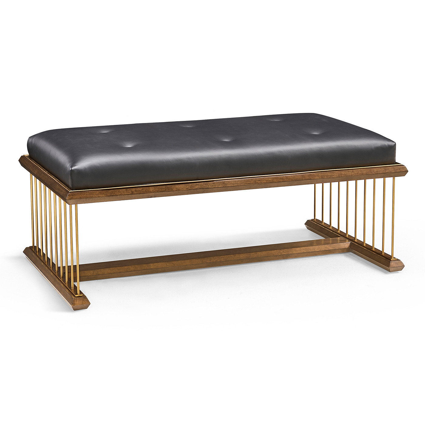 Camden Walnut Cocktail Ottoman with Tray, Upholstered in Black Leather