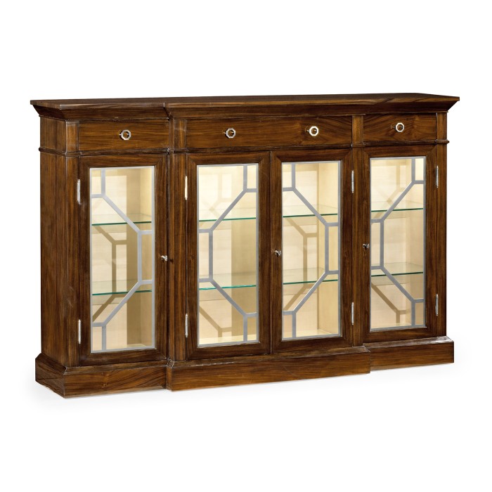 4-door breakfront display cabinet with stainless steel details, satin