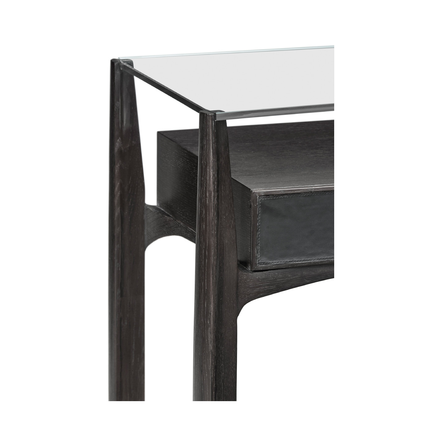 Architects Black Leather & Black Mocha Oak Console Table with Drawers and Glass Top