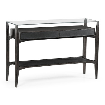 Architects Black Leather & Black Mocha Oak Console Table with Drawers and Glass Top