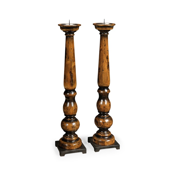 Pair of Tall Candlesticks in Rustic Walnut