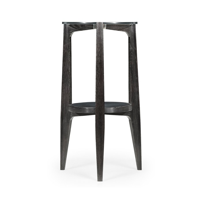 Architectural Round Black Leather & Black Mocha Oak End Table with Glass Top