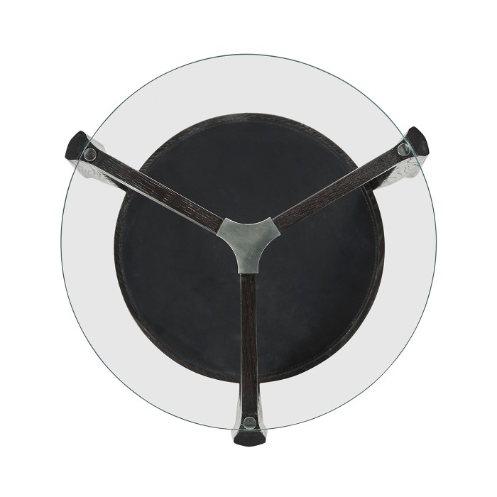 Architectural Round Black Leather & Black Mocha Oak End Table with Glass Top