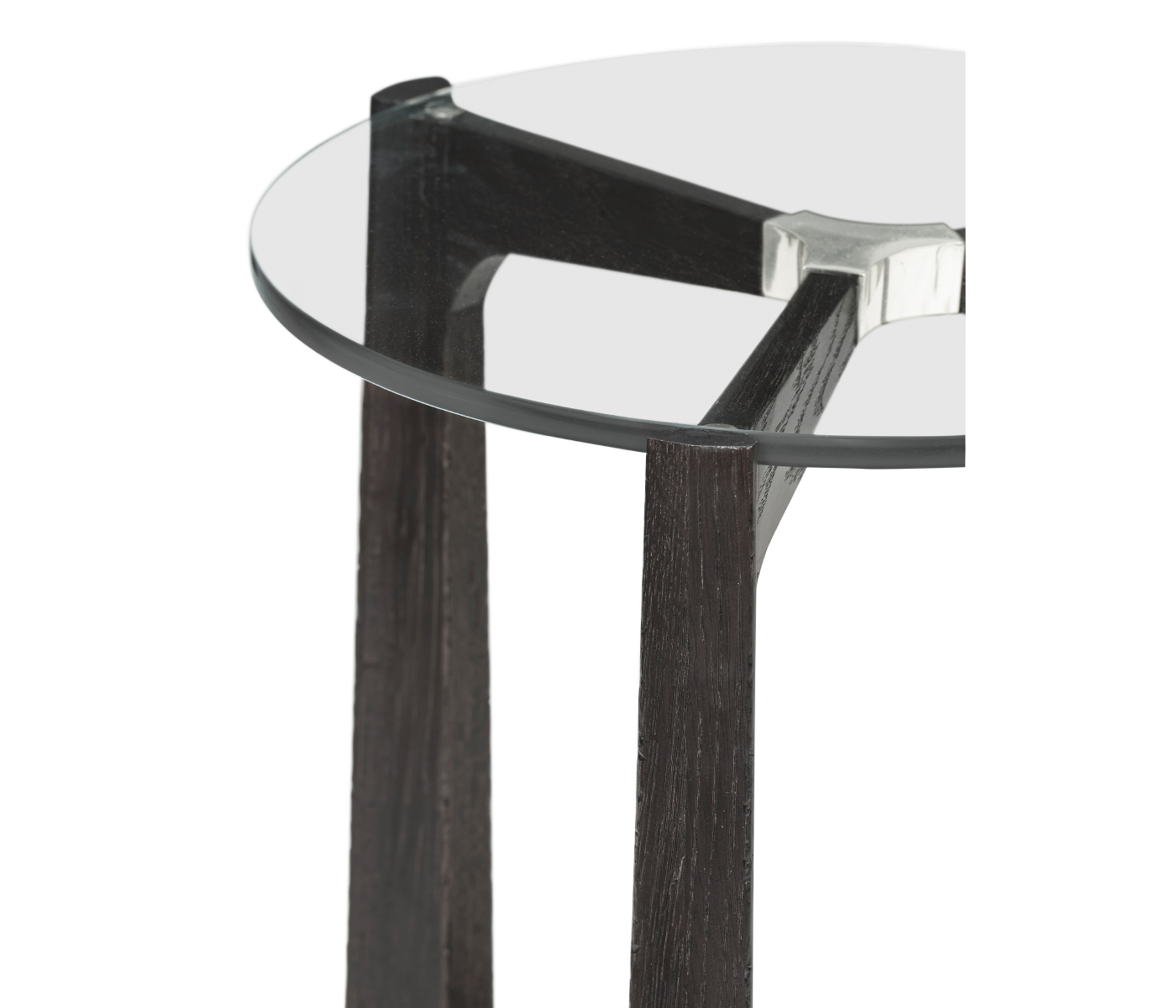 Architectural Round Black Leather & Black Mocha Oak End Table with Glass Top