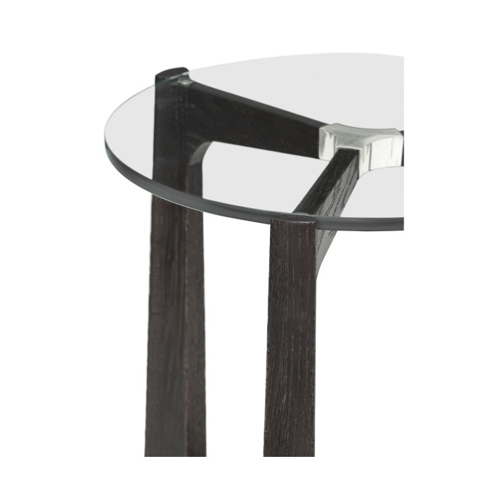 Architectural Round Black Leather & Black Mocha Oak End Table with Glass Top