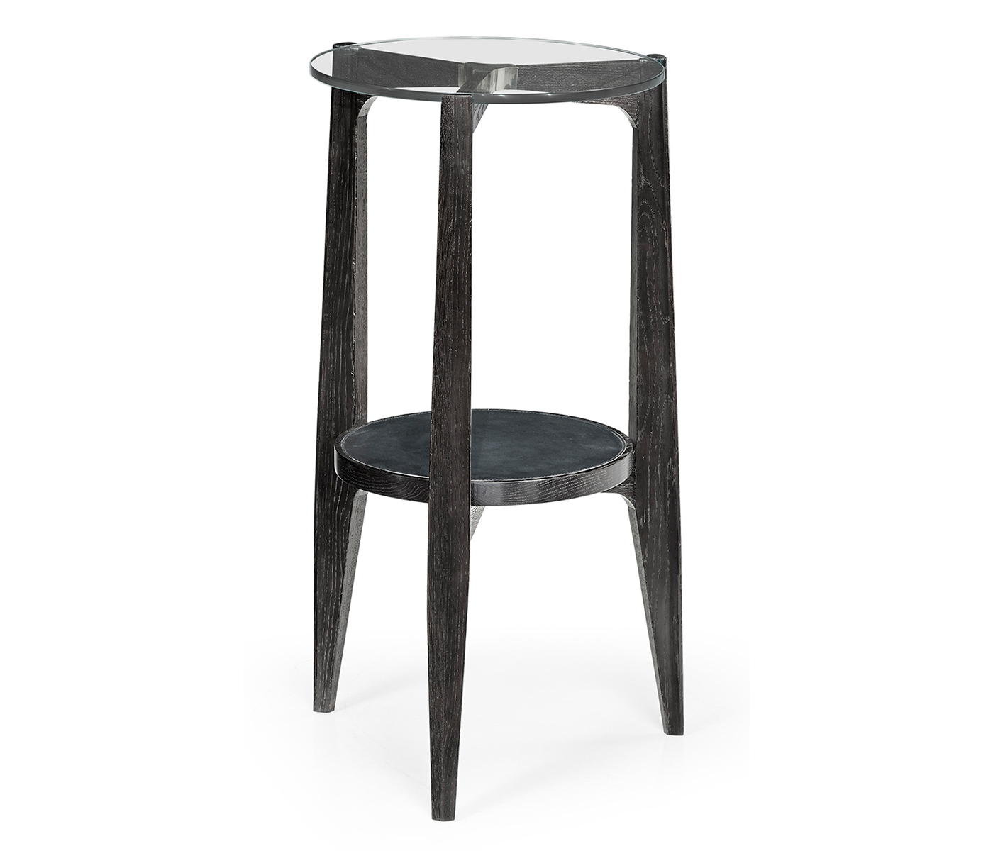 Architectural Round Black Leather & Black Mocha Oak End Table with Glass Top