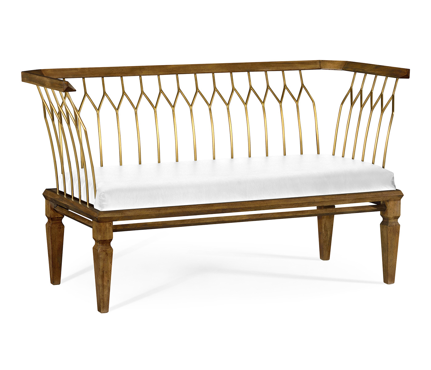 Contemporary Walnut & Brass Bench, Upholstered in COM