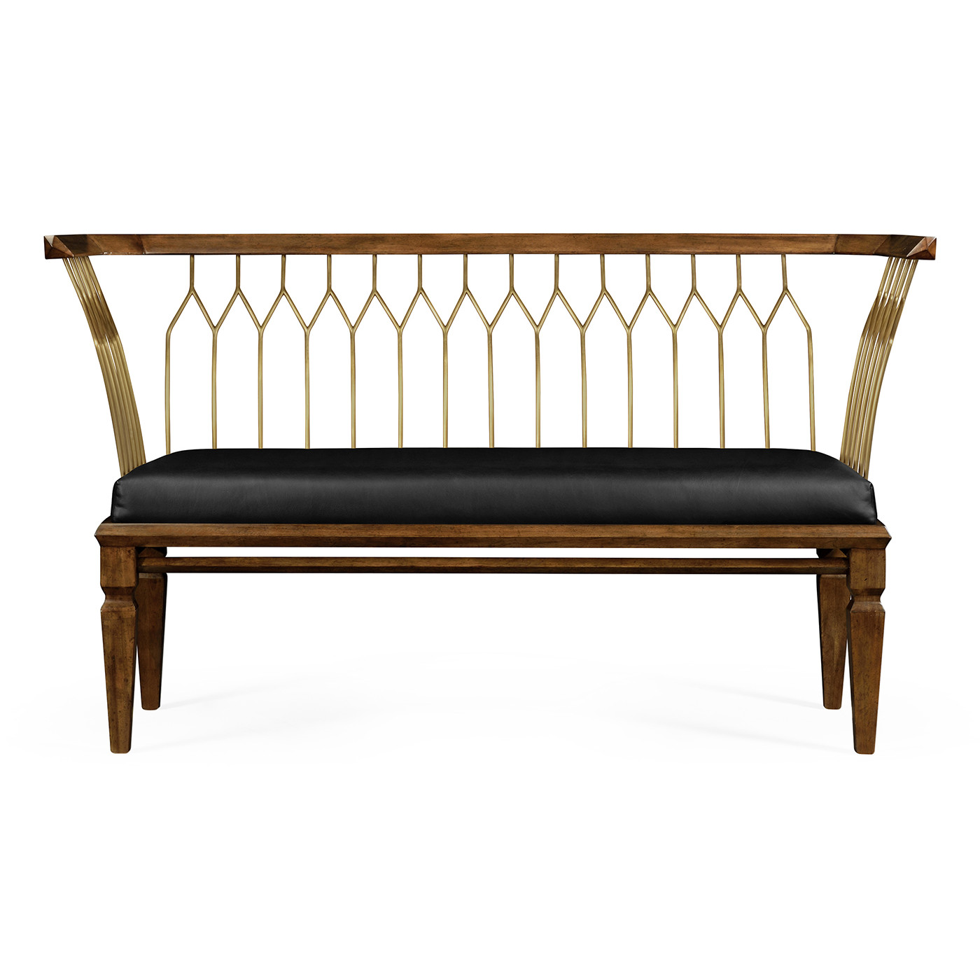 Contemporary Walnut & Brass Bench, Upholstered in Black Leather