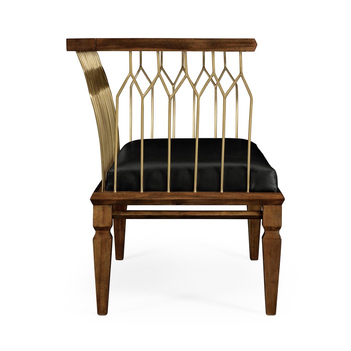 Contemporary Walnut & Brass Bench, Upholstered in Black Leather