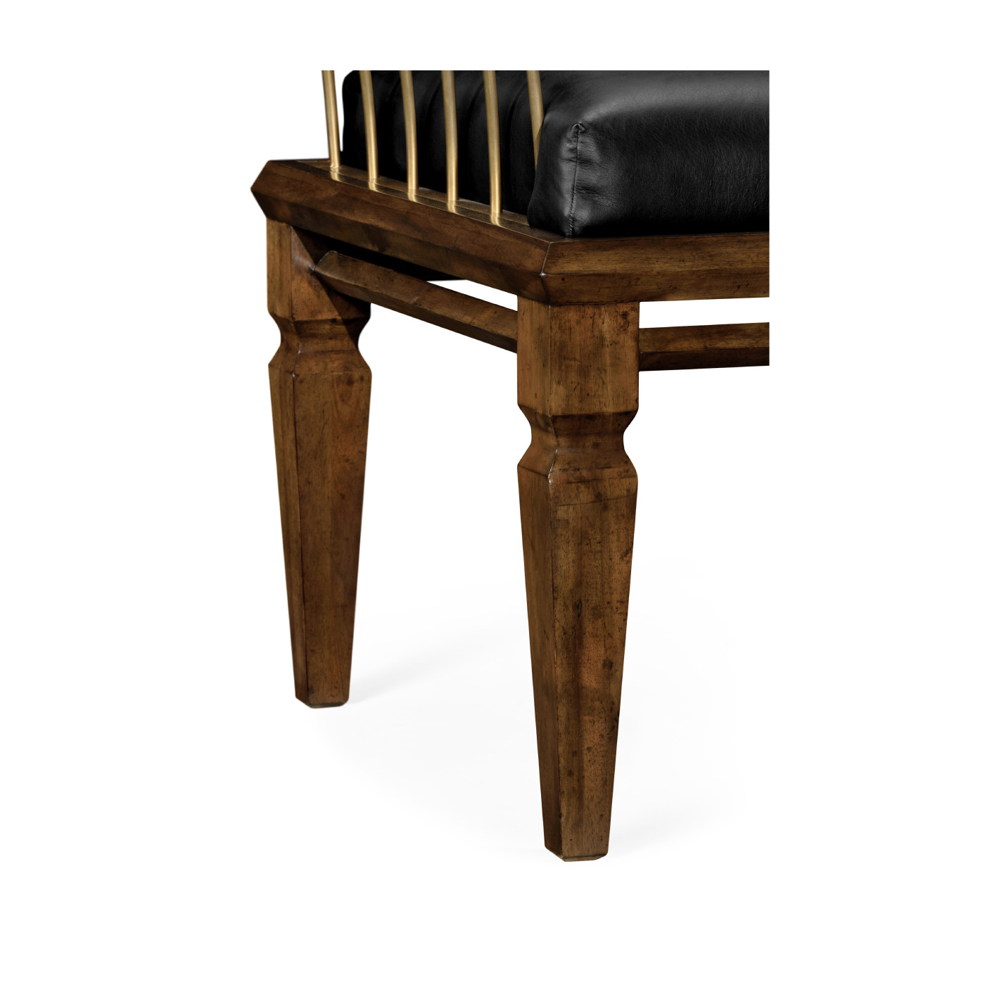 Contemporary Walnut & Brass Bench, Upholstered in Black Leather