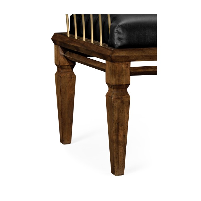 Contemporary Walnut & Brass Bench, Upholstered in Black Leather