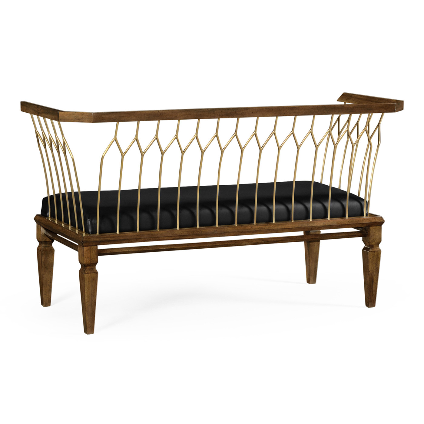 Contemporary Walnut & Brass Bench, Upholstered in Black Leather
