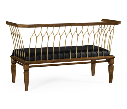 Contemporary Walnut & Brass Bench, Upholstered in Black Leather