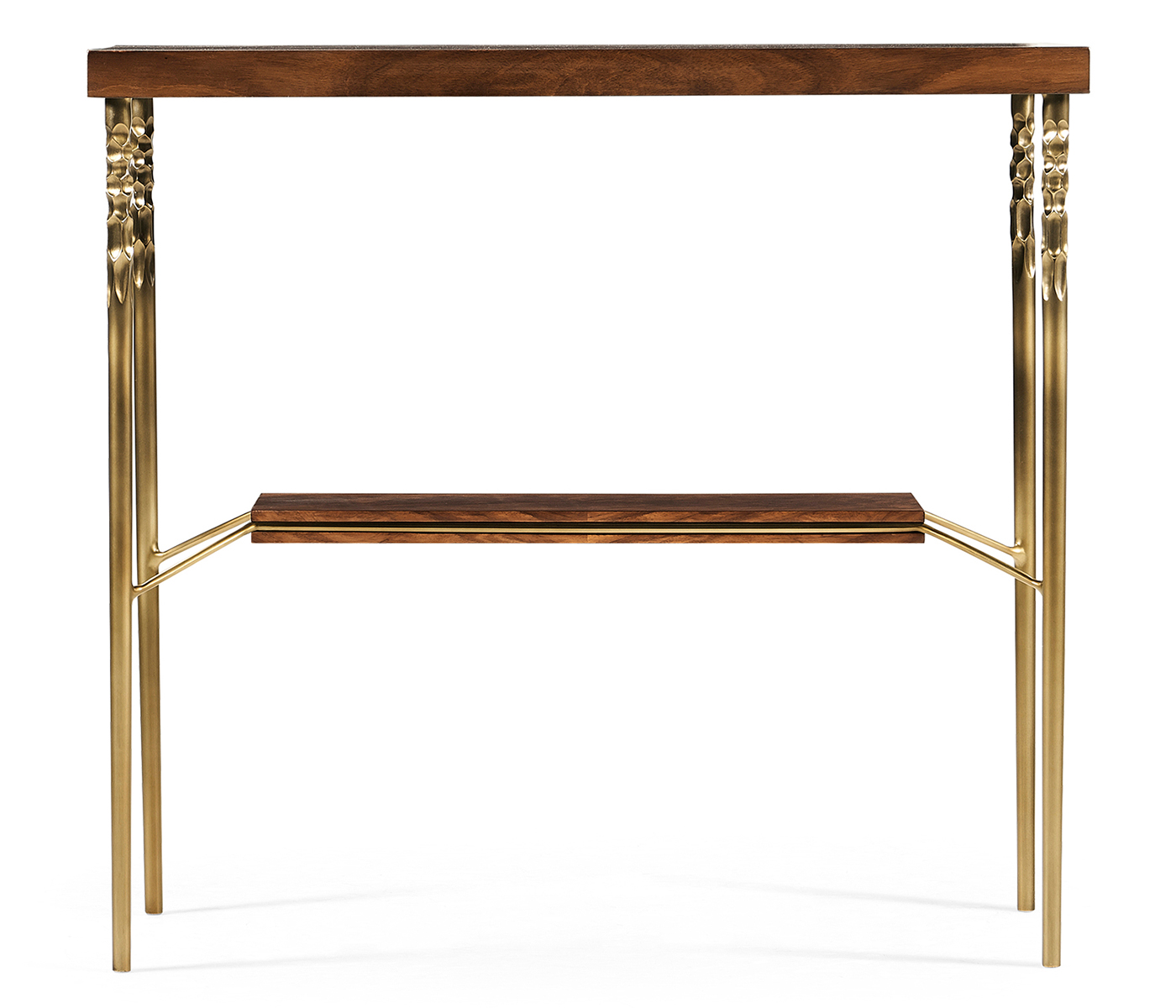 Console table in Tropical walnut crotch with brass base
