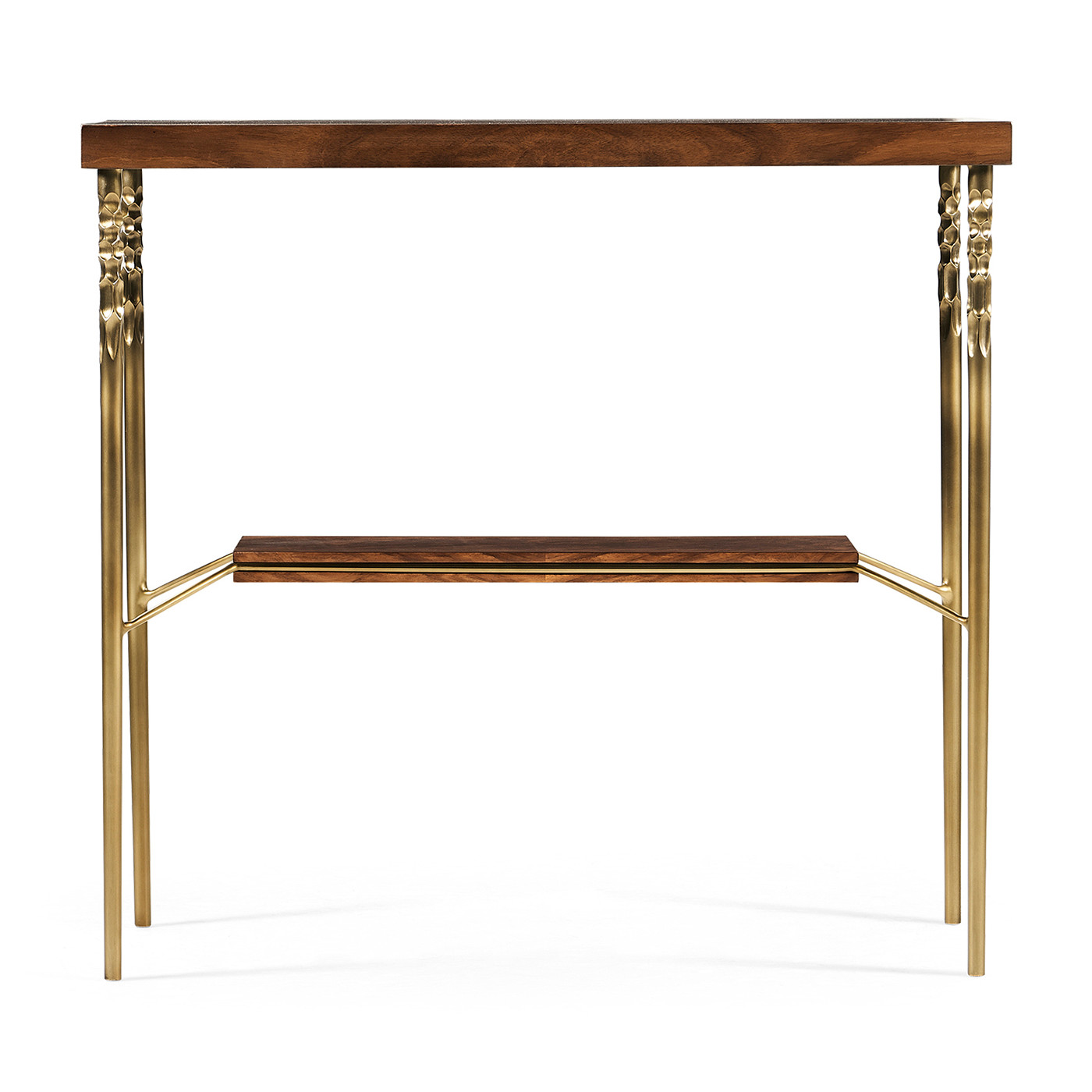 Console table in Tropical walnut crotch with brass base