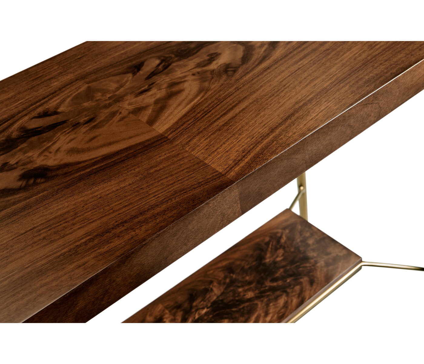 Console table in Tropical walnut crotch with brass base