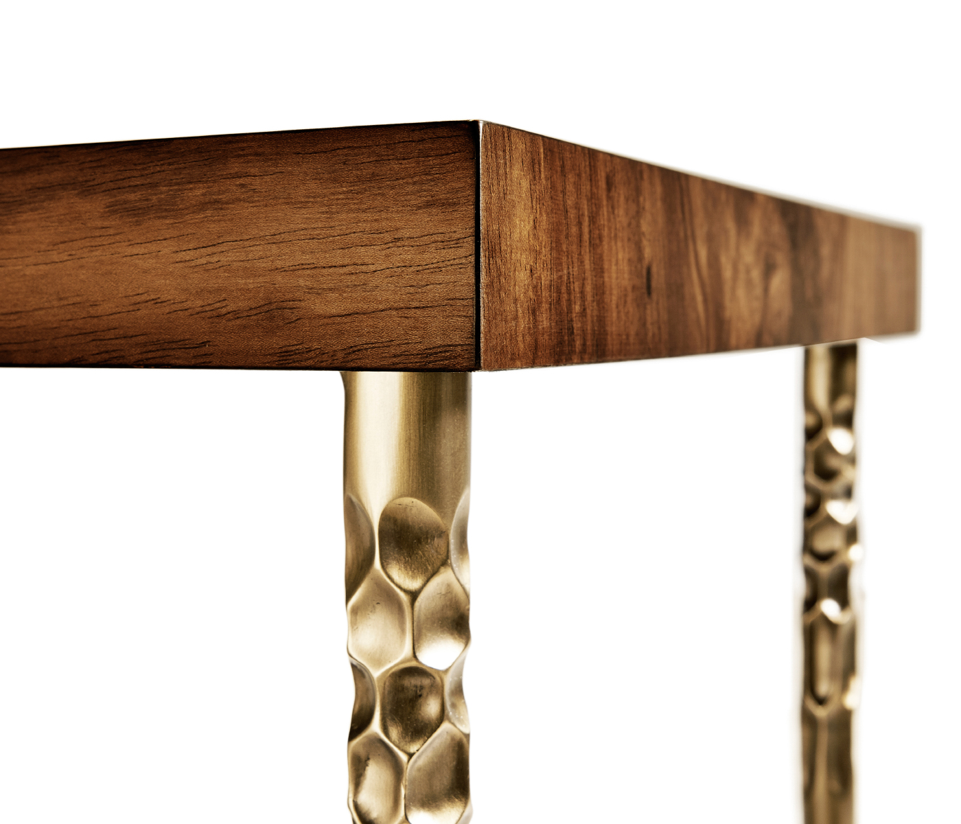 Console table in Tropical walnut crotch with brass base