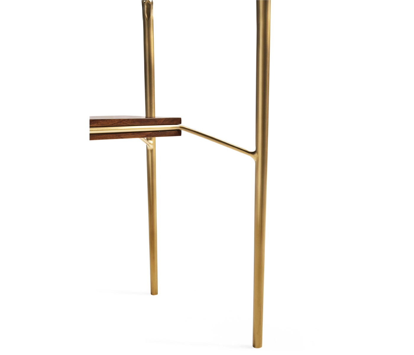 Console table in Tropical walnut crotch with brass base