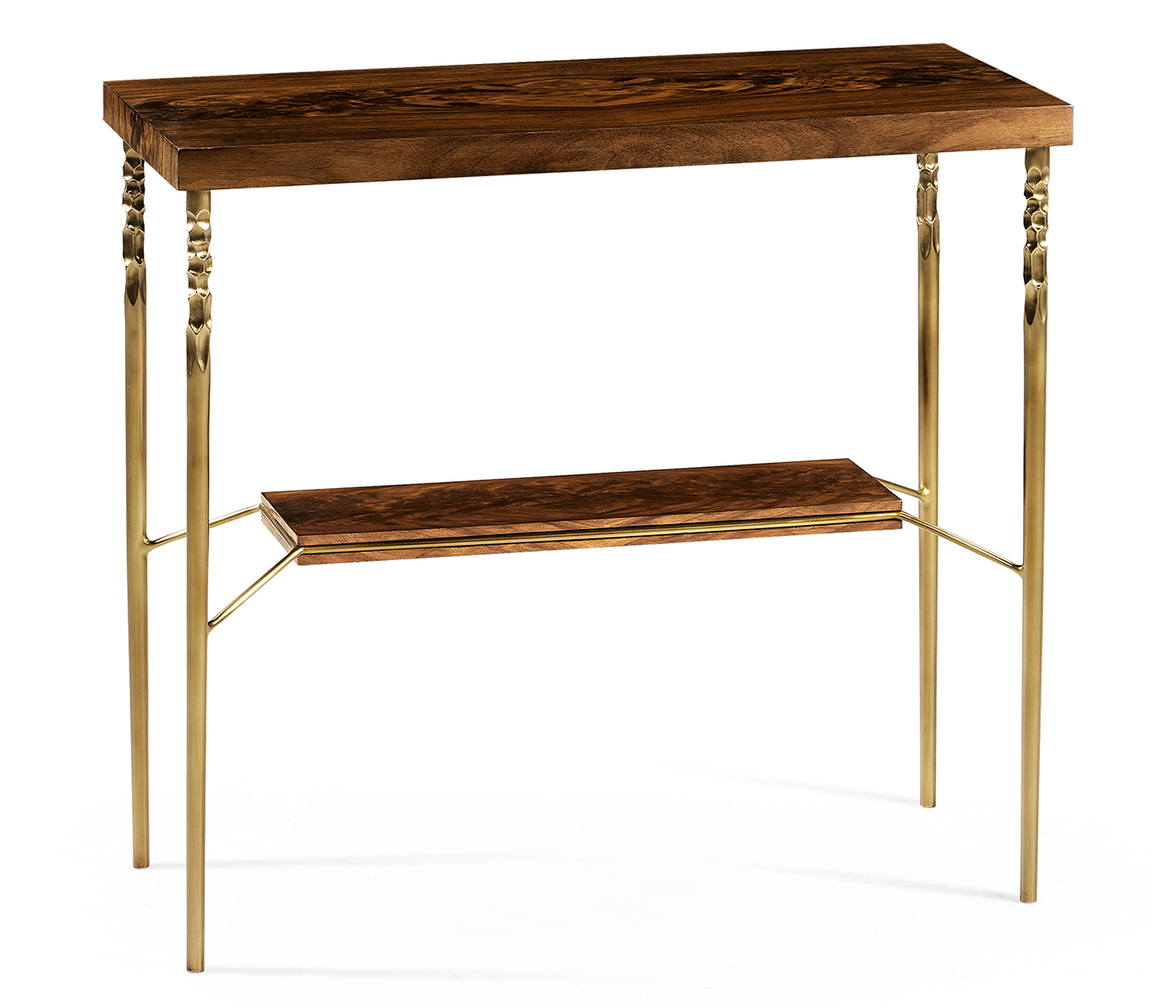 Console table in Tropical walnut crotch with brass base