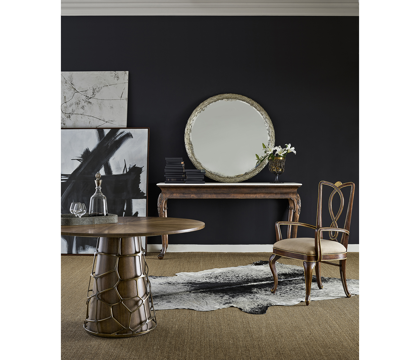 Brown Mahogany Buffet Table with Marble Top