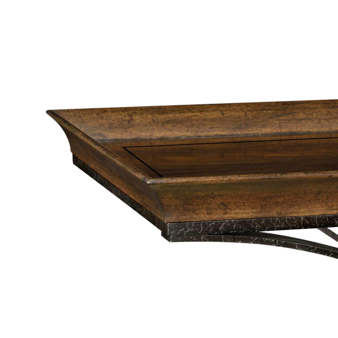 Brown mahogany coffee table with antique iron base
