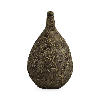 Small Antique Light Black Brass Vase with Swirl & Butterfly Carvings