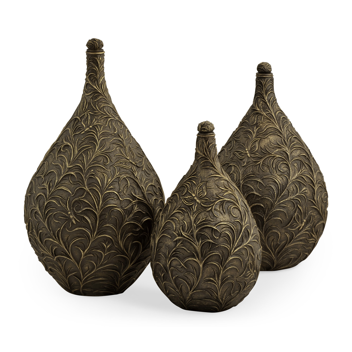 Small Antique Light Black Brass Vase with Swirl & Butterfly Carvings