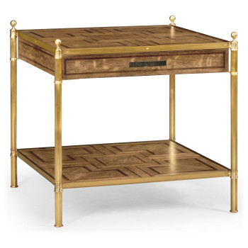 Square English Brown Oak Lamp Table with Drawer