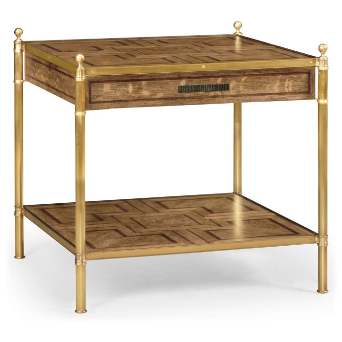 Square English Brown Oak Lamp Table with Drawer