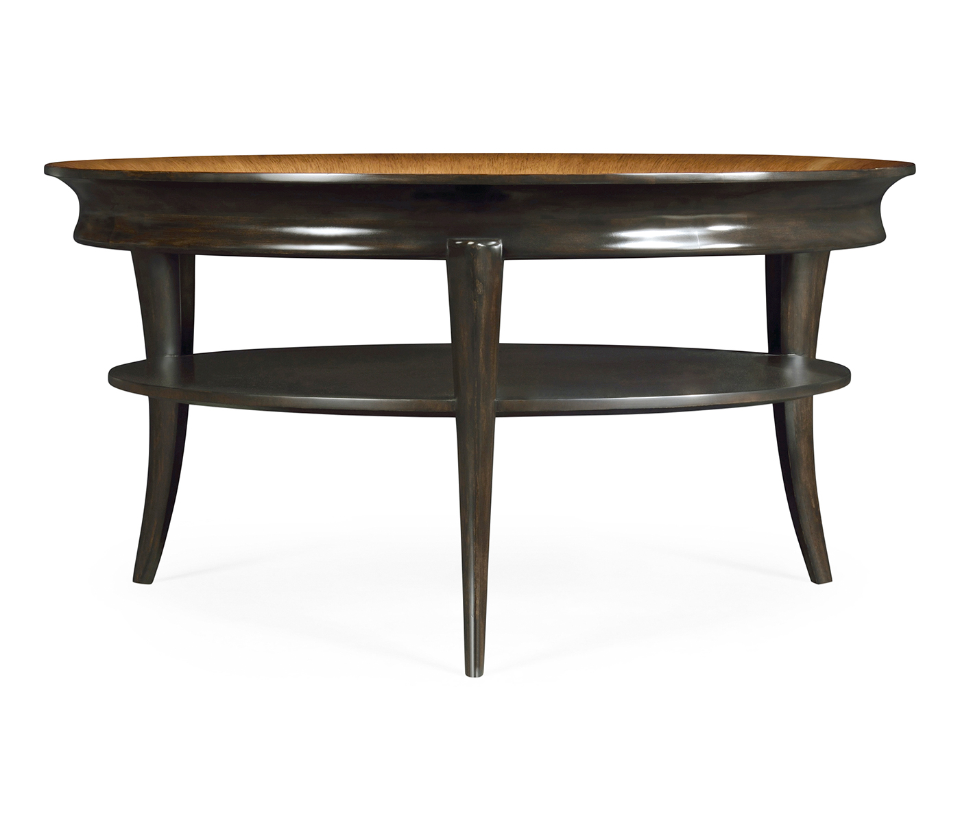 Circular Charcoal & Walnut Cocktail Table with Antique Mirror Top
