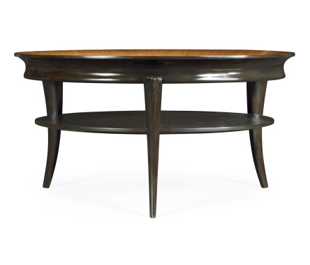 Circular Charcoal & Walnut Cocktail Table with Antique Mirror Top