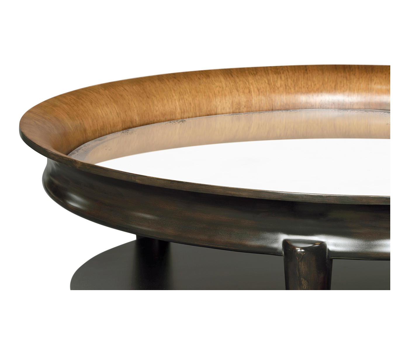 Circular Charcoal & Walnut Cocktail Table with Antique Mirror Top