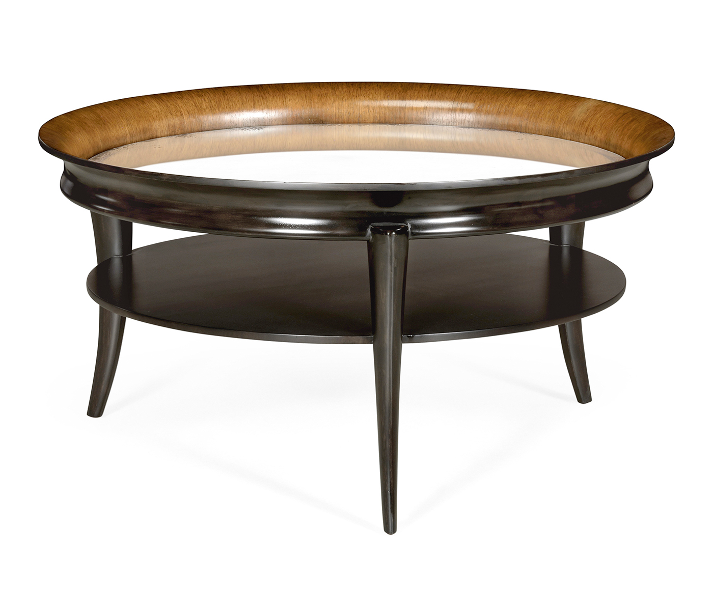 Circular Charcoal & Walnut Cocktail Table with Antique Mirror Top
