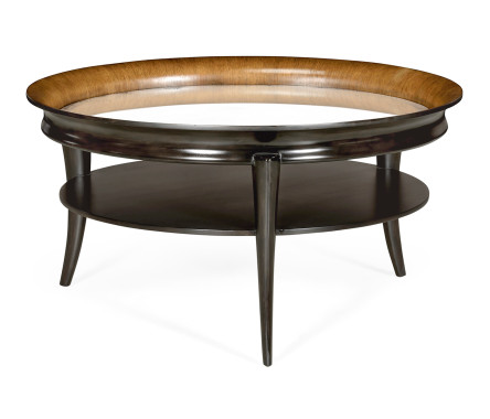 Circular Charcoal & Walnut Cocktail Table with Antique Mirror Top