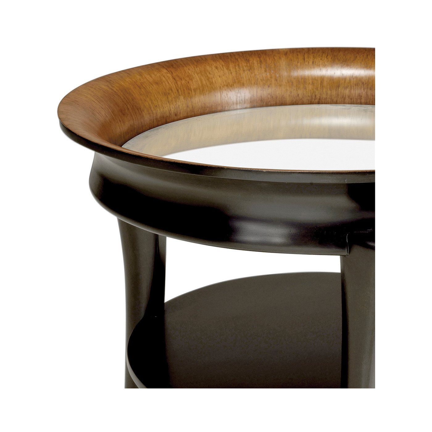 Round Charcoal & Walnut End Table with Antique Mirror Top