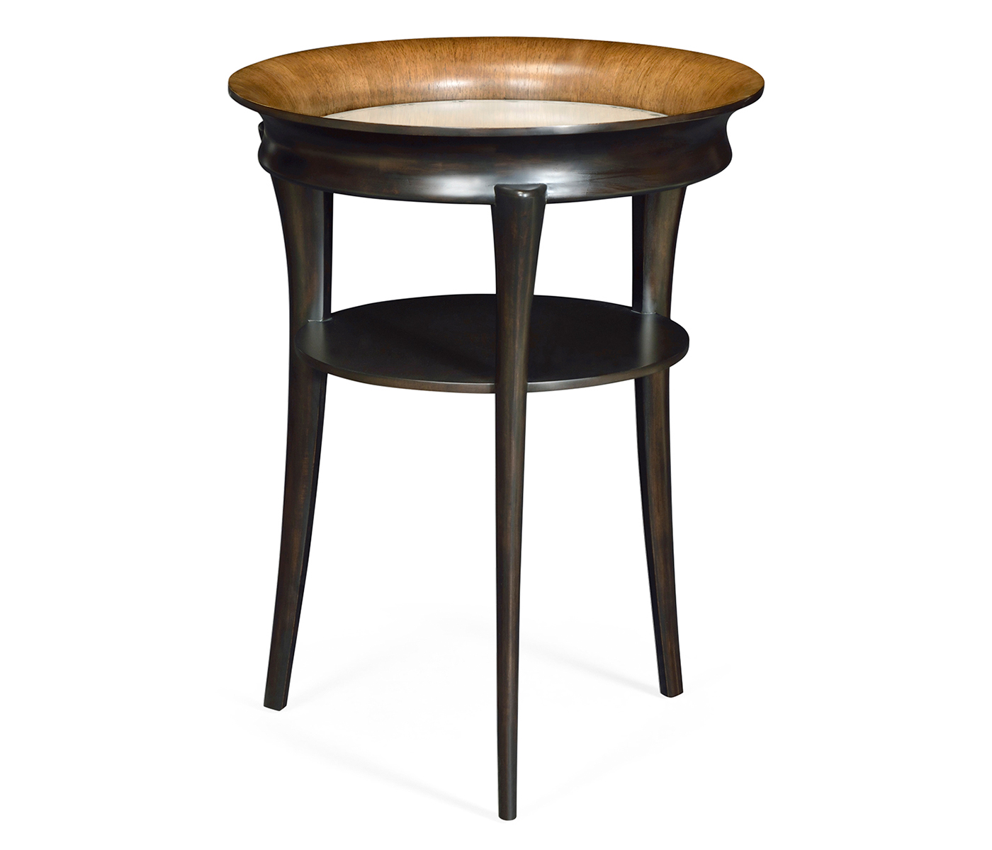 Round Charcoal & Walnut End Table with Antique Mirror Top