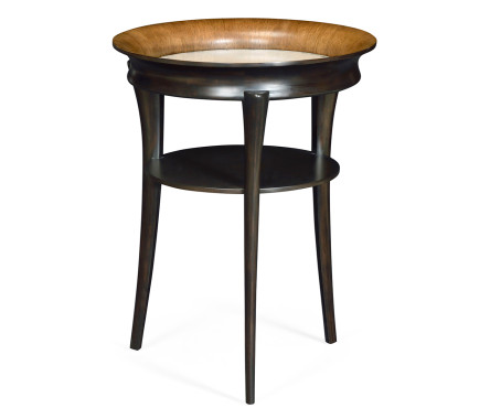 Round Charcoal & Walnut End Table with Antique Mirror Top