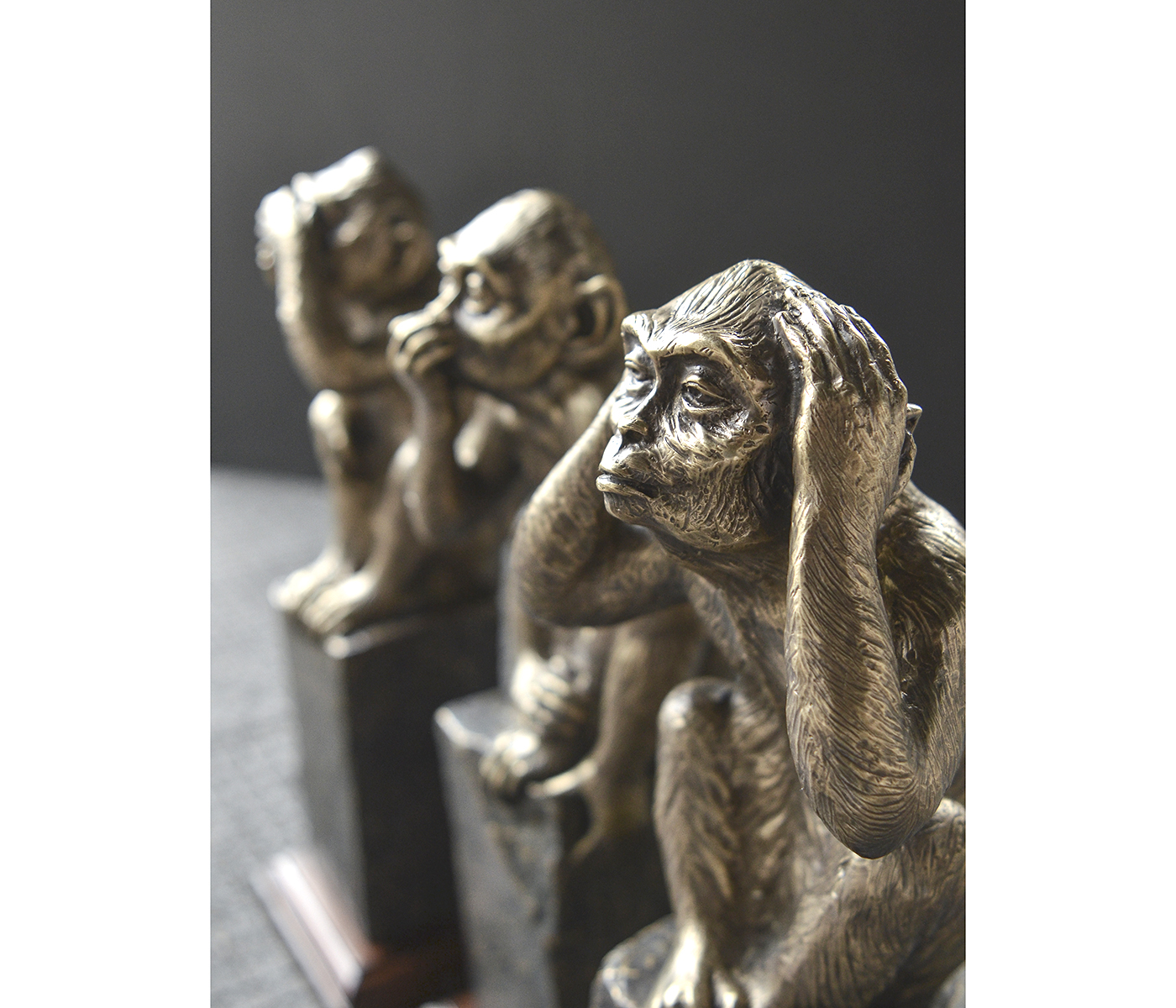 Three Antique Light Brown Brass Wise Monkeys