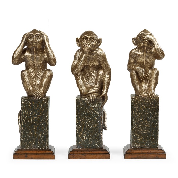 Three Antique Light Brown Brass Wise Monkeys