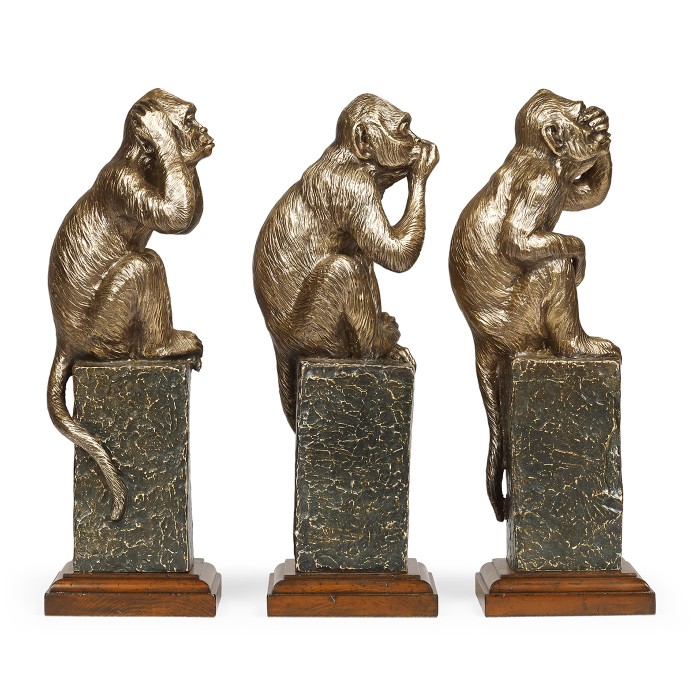 Three Antique Light Brown Brass Wise Monkeys