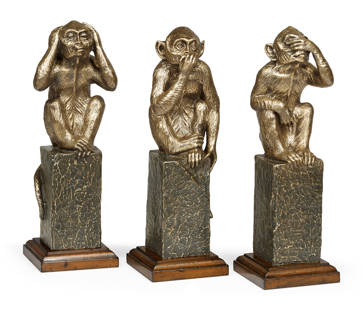 Three Antique Light Brown Brass Wise Monkeys
