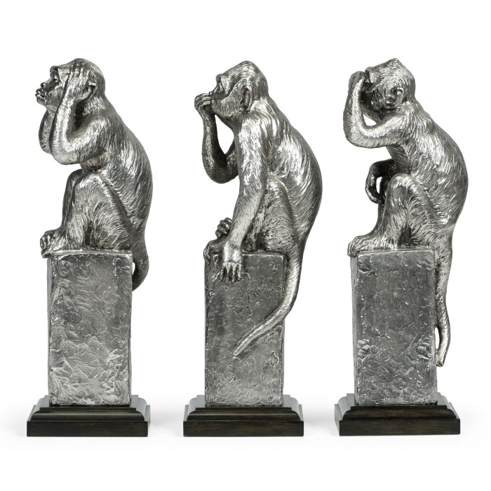 Three White Stainless Steel Wise Monkeys