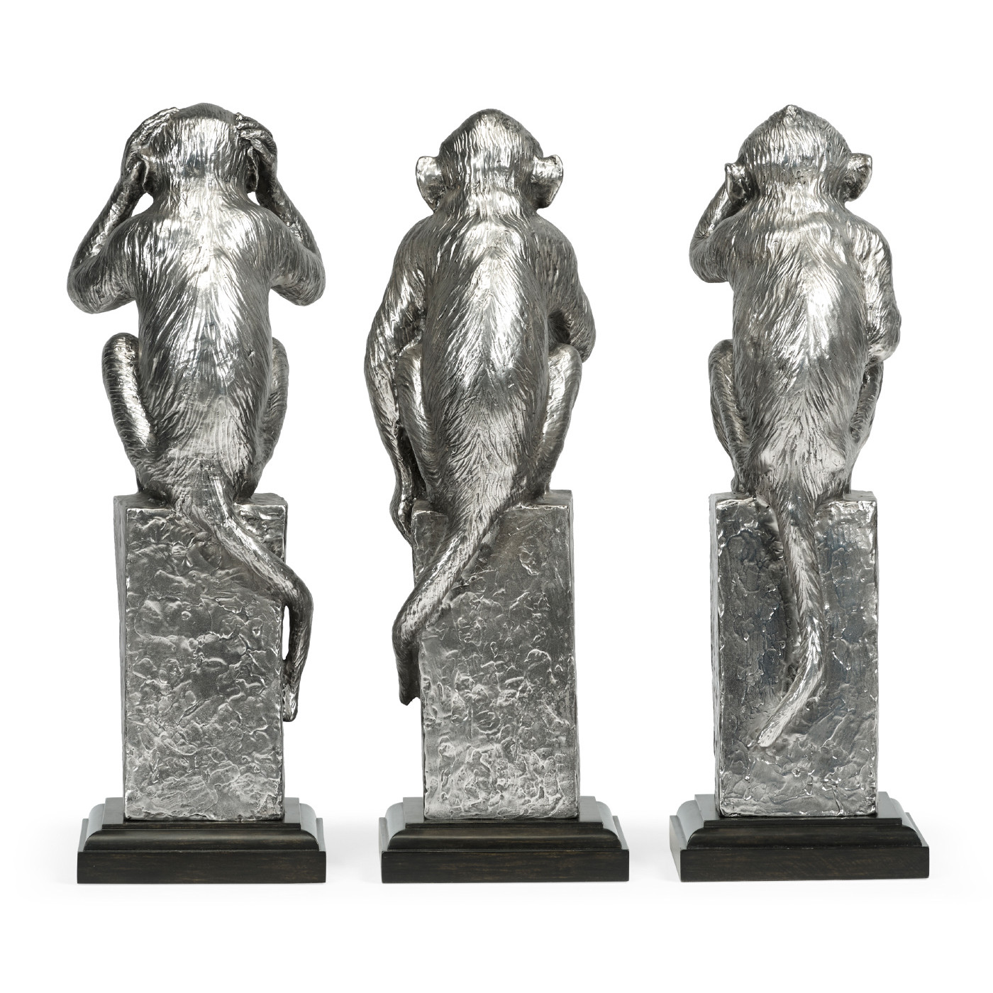 Three White Stainless Steel Wise Monkeys